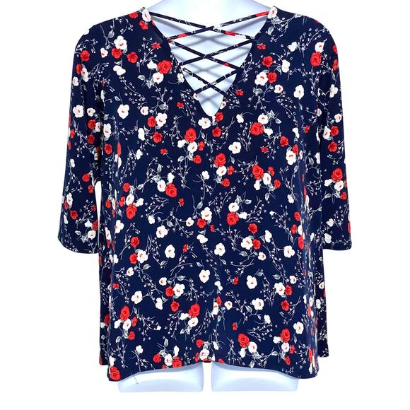 Gilli Floral Blue Blouse 3X Career Criss Cross Back Feminine Flowy Stretch Boho - Picture 3 of 7